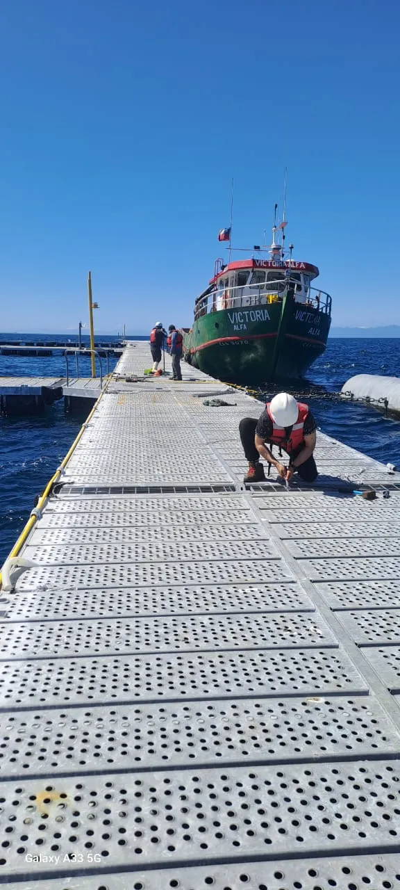 Personal FISHMASTER en un módulo de cultivo frente al mar